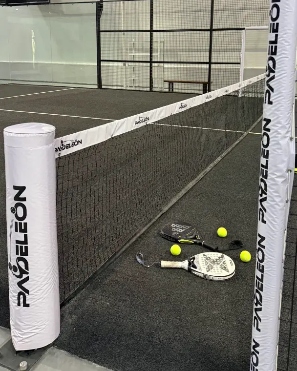 Padeleon net post on the black court